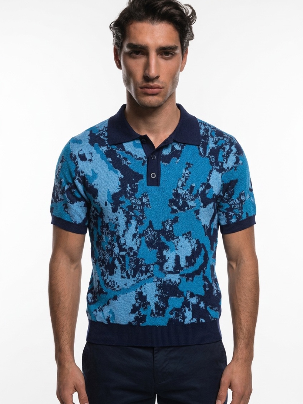 CONEY ISLAND PICNIC | Blue Patterned Knit Polo Shirt Navy & Aqua Men’s Size S